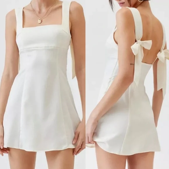 URBAN OUTFITTERS Satin like ivory Tie-Shoulder bows Mini Dress size small - Picture 1 of 11